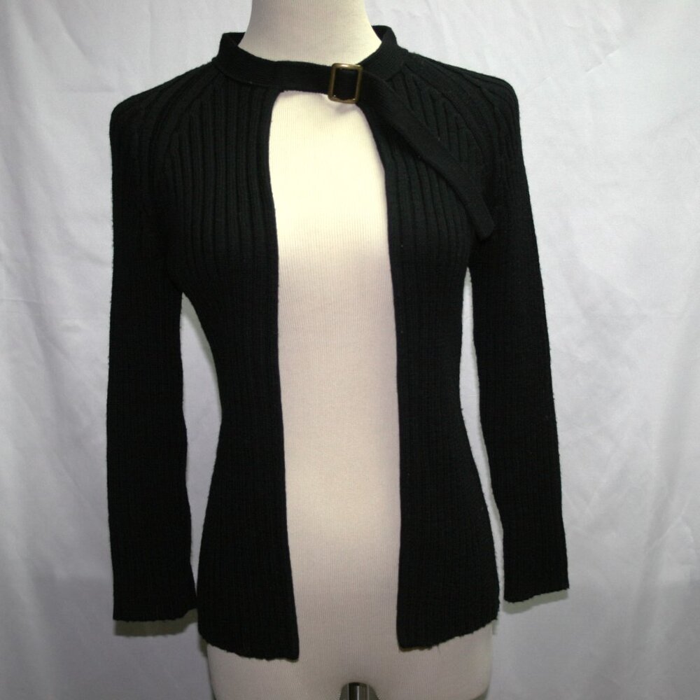 Trina Turk Black 100% Wool Ribbed Buckle Neck Sweater Medium